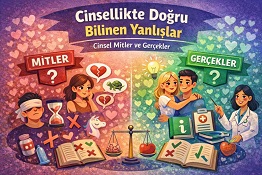 Cinsellikle ilgili toplumda yaygın olan yanlış inanışlar (cinsel mitler) ile bilimsel gerçeklerin karşılaştırmalı olarak anlatıldığı bilgilendirici görsel.